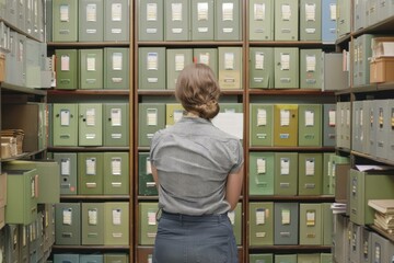 Poster - Female professional stands before rows of filing cabinets, searching for documents in an organized archive