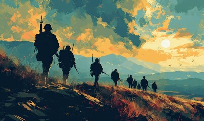 Wall Mural - group of military soldiers infantry army marching to war battle battlefield for patriotic victory and wining or surrender as wide clean banner poster design with copy space, Generative AI