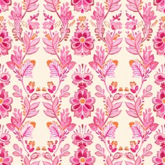 pink floral folk style seamless repeating pattern on beige background