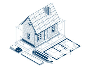 House project implementation embodiment concept, 3D isometric vector illustration of a small house building project, construction architectural model, idea in progress.