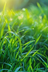 Wall Mural - Water Droplets on Grass Close Up