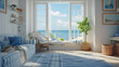 © Rodolphe - Cozy seaside living room, striped sofa, nautical decor