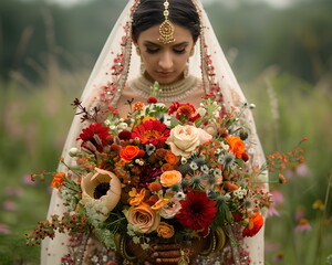 Wall Mural - Portrait of a beautiful young Indian bride wearing ethnic Indian wedding dress and flowers	