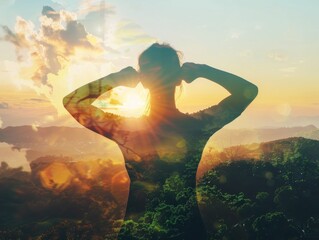 Wall Mural - Person on mountain peak at sunset