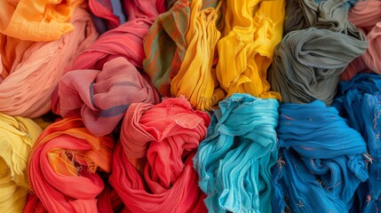 Colorful Pile of Assorted Textured Fabric Closeup. Generative ai