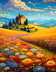 Wall Mural - beautiful autumn landscape with a lake, colorful house in the forest.