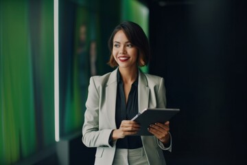 Sticker - Portrait Of Smiling Business Woman Working On Her Digital Tablet In The Office