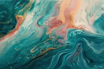 Poster - Vivid swirl of green, blue, and orange hues in a captivating fluid art pattern