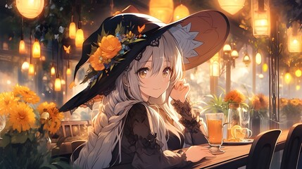 Cute halloween witch cartoon, hand drawn illustration. kawaii lofi anime girl wearing a classic witch hat and dress with heart, sparkling decoration fantasy magical background, modern 3D digital art.