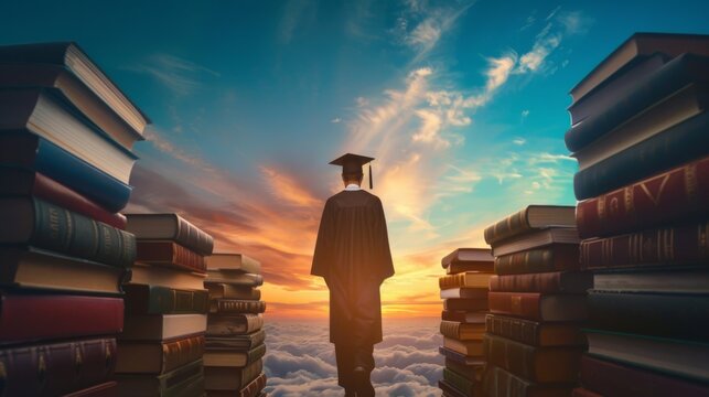 A graduate student stands in front of a stack of books, looking up at the sky