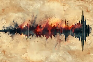 Vintage audio waveform graphic, background is beige, 80s hiphop style, grunge, grit, the waveform is dark, goes from left to right..