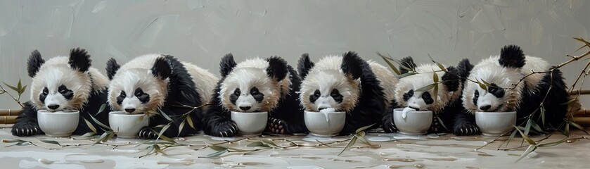 Adorable baby pandas eating bamboo together in a row. They are sitting side by side, creating a charming and heartwarming scene.