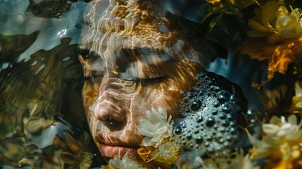 Sticker - A woman is in a pool of water with flowers around her