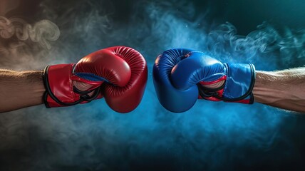 Two boxing gloves collide in dramatic fashion, red vs blue, symbolizing competition, power, and strength in sports.