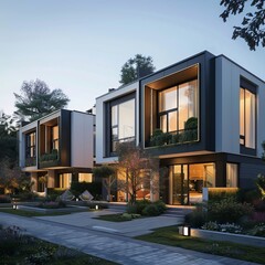 Wall Mural - Two modern houses stand under a dusky sky, their luxurious design suggesting an ideal wallpaper or background for abstract concepts and potential best-sellers