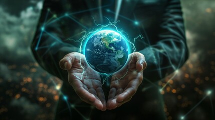 Wall Mural - AI generated illustration of a businessman, holding the earth between its hands