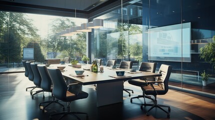 Wall Mural - A modern conference room with sleek glass walls and minimalist furniture, bathed in natural light and equipped with state-of-the-art technology for productive meetings and presentations 
