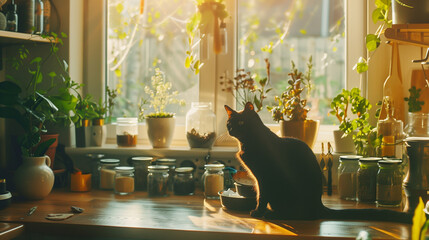 Wall Mural - Modern Witch's Brew Kitchen: Cauldron Potion, Herb Jars, Familiar Black Cat