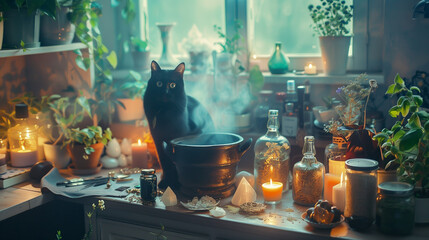 Wall Mural - Mystical Witchy Kitchen Setting: Cauldron Brew, Herb Jars, Black Cat Companion