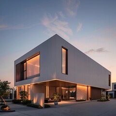 Canvas Print - This image showcases modern minimalist architecture with a stunning evening ambiance, making it a great background or wallpaper and a best-seller potential