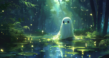 Wall Mural - A cute ghost stands in the middle of an enchanted forest pond, surrounded by glowing fireflies. 