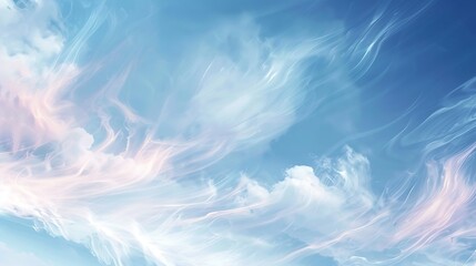 Wispy clouds adorned with rich hues floating in the tranquil white and blue sky.
