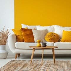 Canvas Print - This image features a cozy and stylish living room with chic yellow accents, making it a perfect abstract and warm background wallpaper as a potential best-seller