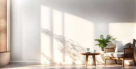 Table background of free space and living room interior. White wall with shadows and sunny warm morning time.