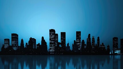 A cityscape silhouette in black on a deep blue background, emphasizing the sleek lines of modern architecture