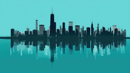 Wall Mural - A modern city skyline in black silhouette on a teal background, offering a contemporary and refreshing look