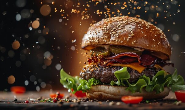 fresh prime chick patty angus or wagyu beef burger sandwich with flying ingredients and spices hot ready to serve and eat food commercial advertisement menu banner with copy space, Generative AI