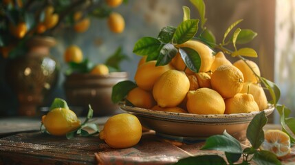 Wall Mural - Fresh heap italian ripe yellow sicilian lemons on the wooden table.