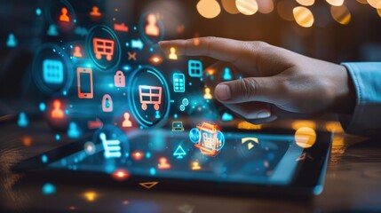 Poster - Digital economy concept with a tablet PC displaying e-commerce business network icons, finger tapping the screen, side view of hand