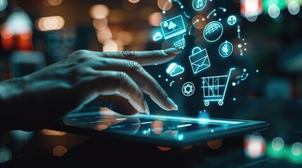 Poster - Digital economy concept with a tablet PC displaying e-commerce business network icons, finger tapping the screen, side view of hand