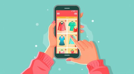 Poster - Hands holding a smartphone with a shopping app, clothes icons visible, fingers tapping to select items, flat vector design