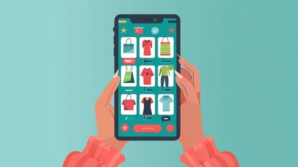 Poster - Hands holding a smartphone with a shopping app, clothes icons visible, fingers tapping to select items, flat vector design