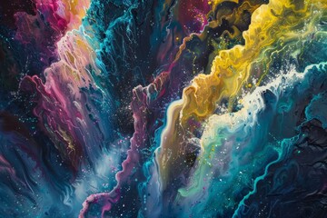 Poster - Vibrant and cosmic dreamscapes, abstract art painting with explosive swirls. Galaxy and space theme. Handpainted with acrylic and oil on canvas. Featuring textured. Colorful