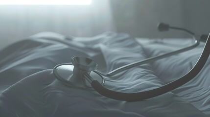 Wall Mural - Stethoscope draped over a patient bedrail, close-up, foggy with no humans, dim twilight 