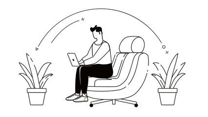 Man working at home with laptop black and white 2D cartoon character. Isolated vector outline of a man. Remote work monochrome flat spots illustration