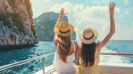 Back portrait of two female friends sitting on boat, waving with hat while talking and enjoying looking at seaside. Sisters finally took vacation to visit their mom who lives in Italy