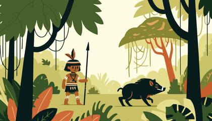 Cartoon of an indigenous tribal person hunting a wild boar in a jungle