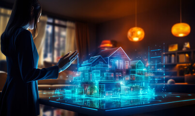 Poster - futuristic real estate concept with a holographic projection of a house and a businesswoman, symboli