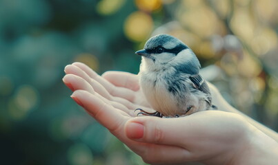 Wall Mural - Adorable Blue and White Bird in Human Hands, ideal for nature conservation, wildlife protection, educational materials, greeting cards
