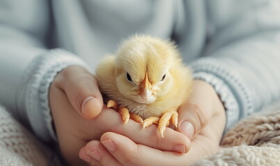 Wall Mural - Fluffy Yellow Chick in Cozy Human Hands, perfect for farm life, animal care, Easter celebration, greeting card, educational poster
