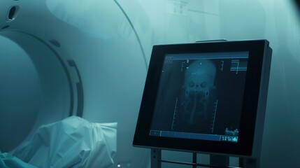 Poster - MRI machine display screen, close-up in fog, deserted, soft focus, dawn light 