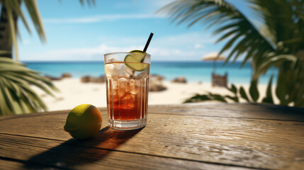 Cocktail, jus de fruits, boissons alcoolisée sur le bord d'une jolie plage paradisiaque. Mer, océan, sable fin, palmier. Vacances, soleil, été, détente. Pour conception et création graphique.