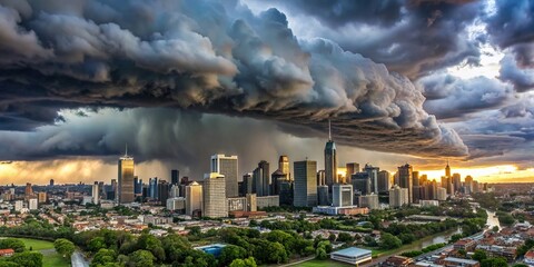 Wall Mural - Panoramic view of city skyline in stormy weather with dark clouds looming overhead , cloudy, stormy, weather, city, skyline, panorama, dark clouds, urban, dramatic, moody, overcast