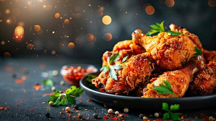 Wall Mural - A table with golden crispy chicken and fresh herbs, set against a dark background with sparkling highlights