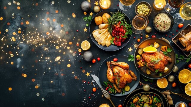 A table with golden crispy chicken and vibrant sides on a dark backdrop, illuminated with sparkling light