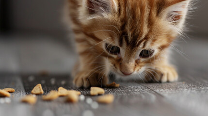 Close-up of a kitten eating on a gray background, with a focus on its playful nature